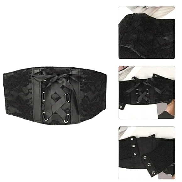 ASOS Black Floral Lace Satin Ribbon Button Closure Corset Wide Waist Belt 33" - Picture 12 of 16